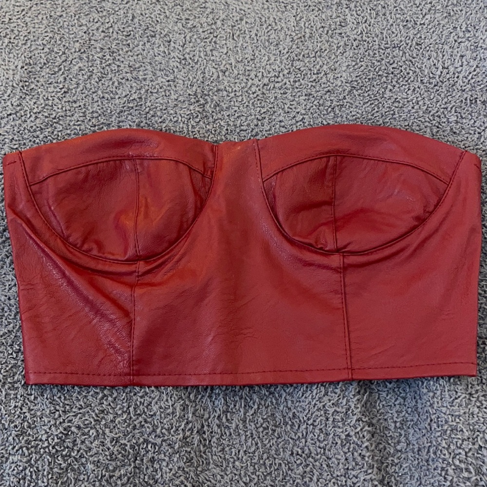 Dark maroon leather zip up tupe top